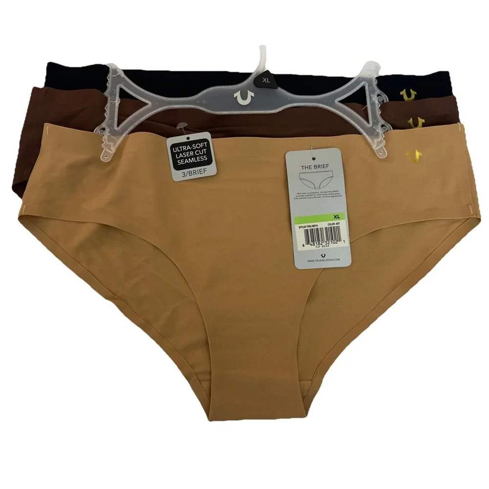 TRUE RELIGION 3-Pair TRUE SKIN Brief Panties Soft Laser Cut Seamless Logo Sz XL